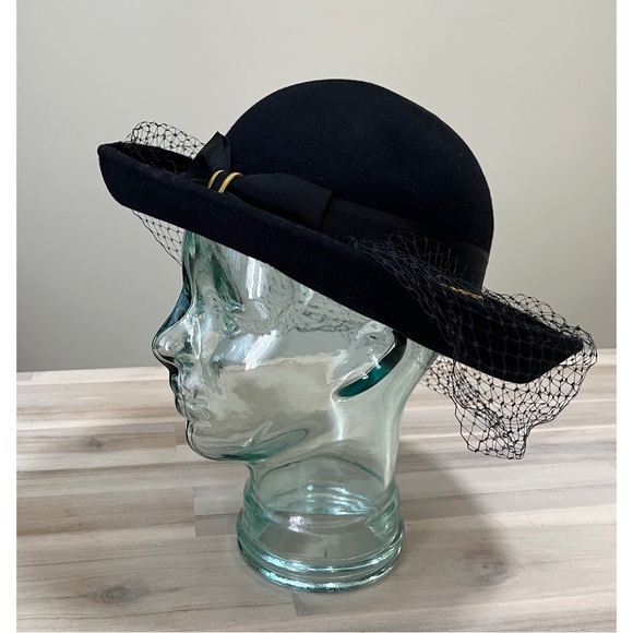 Vintage Wool Black Women’s Bowler Hat 100% Wool Veil USA main image 4